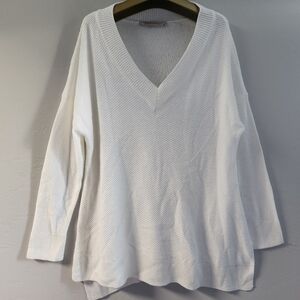 Soft Surroundings Cream Tunic knit Top Size L Ribbed Hem V Neck Oversized‎